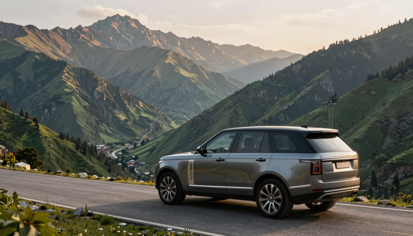 A luxury SUV parked safely on a wide mountain road overlooking the lush green valleys of Uttarakhand, warm morning light illuminating the peaks.