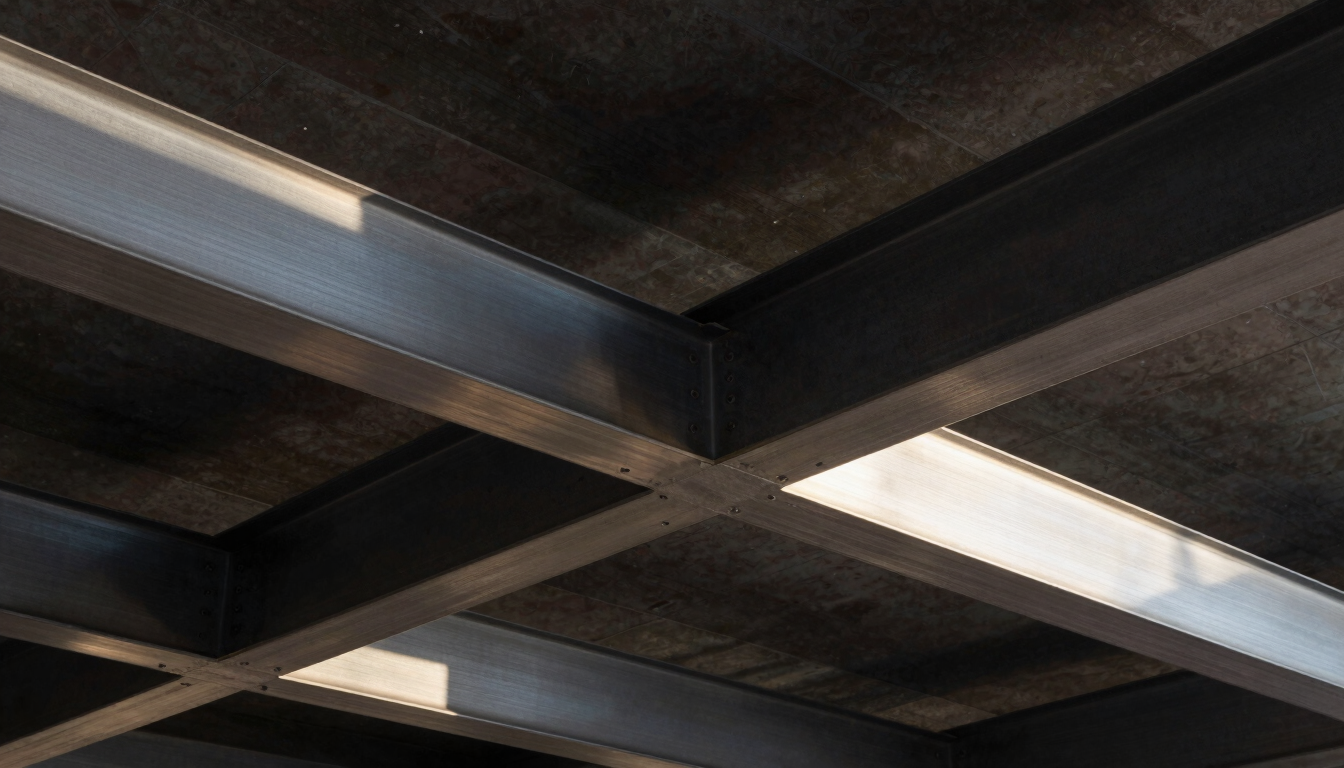 Close-up architectural photography of premium construction materials, brushed steel beams meeting dark structured concrete, sharp afternoon sunlight casting geometric shadows.