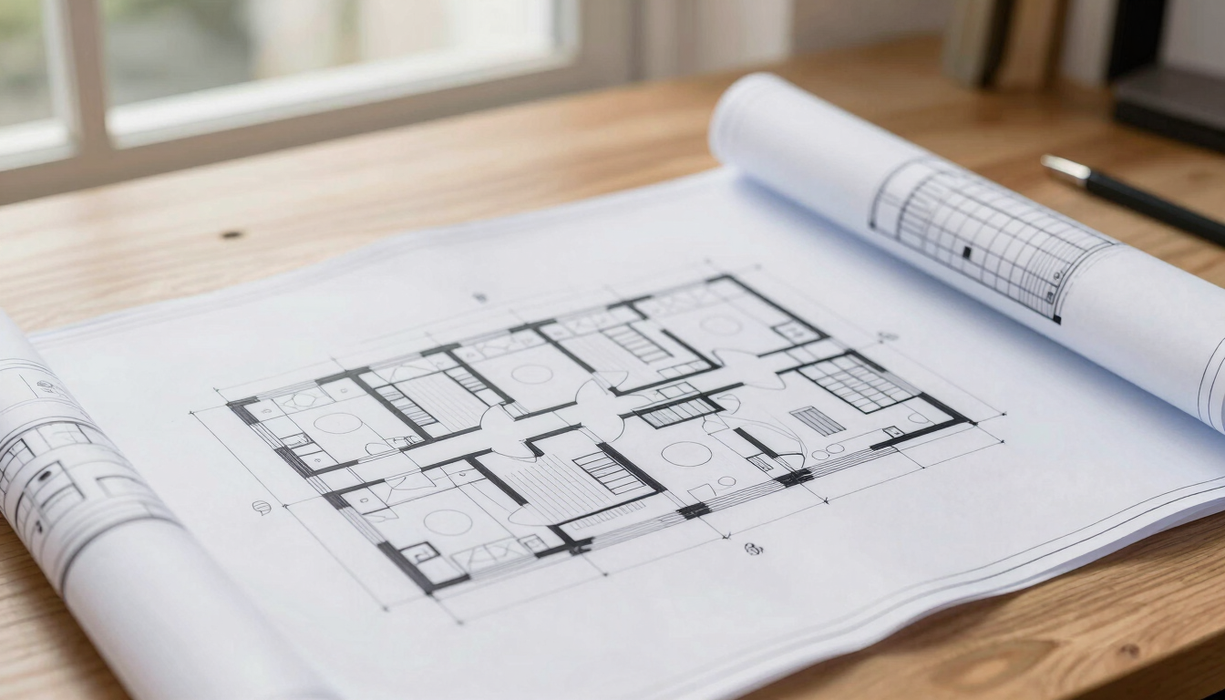 Close-up of modern architectural plans and blueprints on a wooden desk, soft natural light filtering through a window