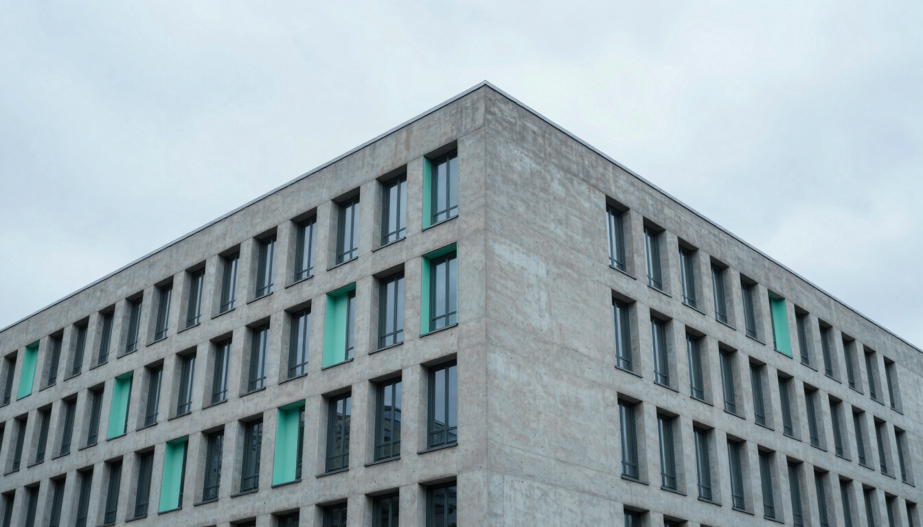 Low-angle architectural shot of a minimalist concrete office building in Berlin, cool overcast daylight, desaturated blues, sharp mint green accents, 35mm.