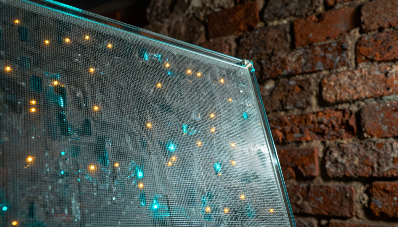 Macro detail of transparent micro-mesh LED film applied to a glass pane, glowing cyan and amber diodes active, historic Roman brick wall blurred in the background, dramatic side lighting.