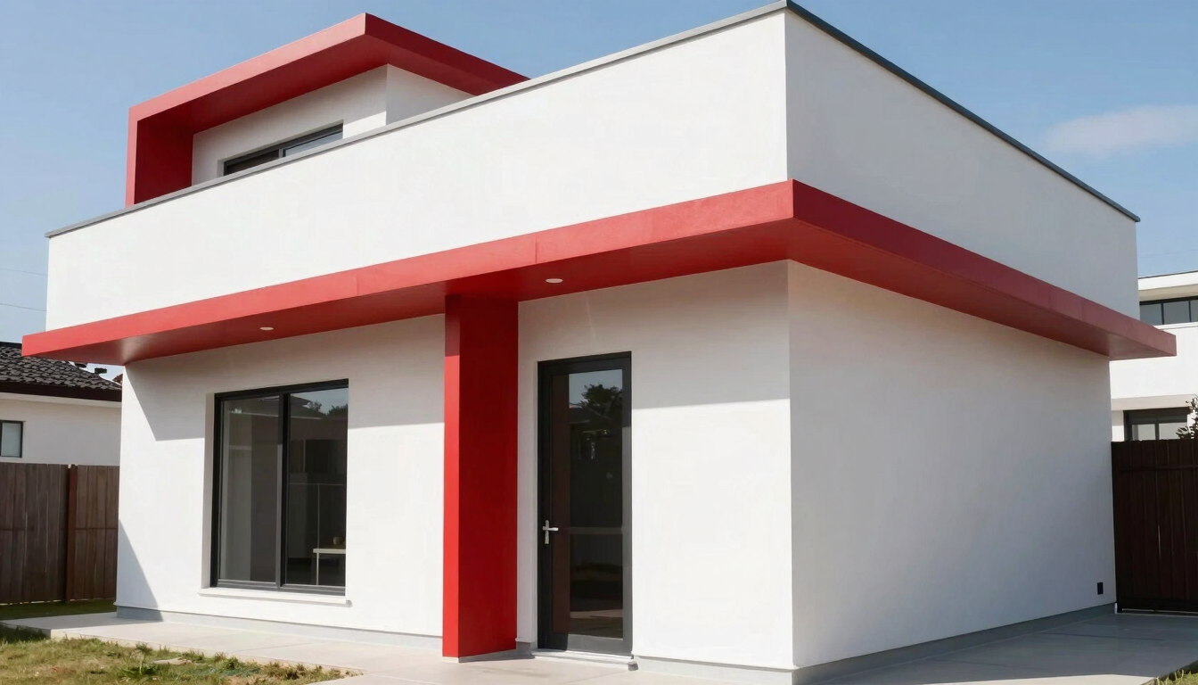 A clean modern home exterior with sharp shadows under bright natural daylight, architectural lines, high-contrast crimson accents