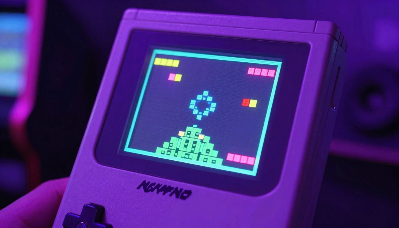 Close-up of a vintage hand-held gaming console screen glowing with pixel art in a dark room, neon purple ambient light, 35mm lens.