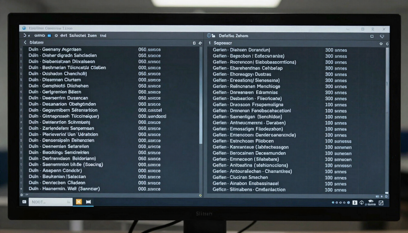 Side-by-side technical text alignment interface on a high-resolution monitor, showing German engineering terms and Slovak translations, cool clinical lighting