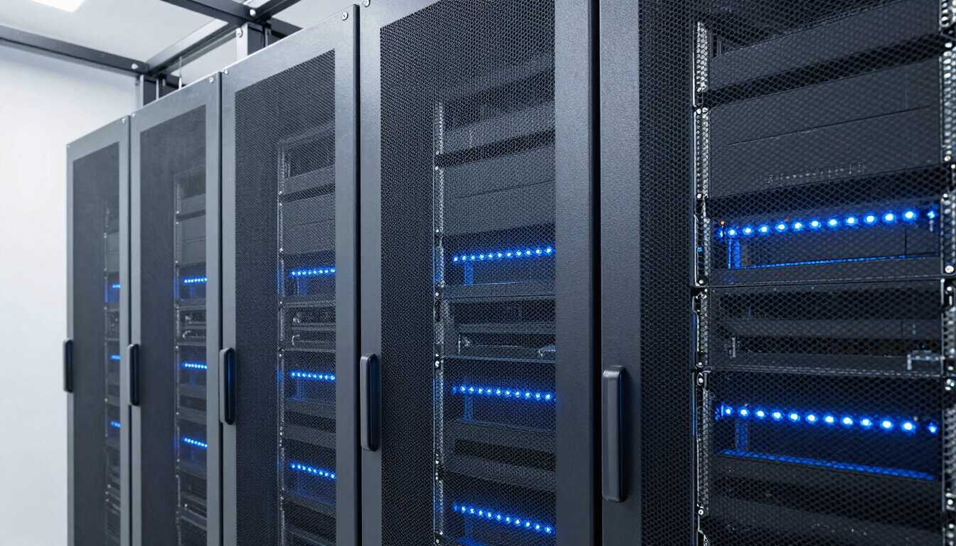 A crisp architectural shot of a modern clean server room with cool-toned blue LED lights, sharp focus, 35mm lens