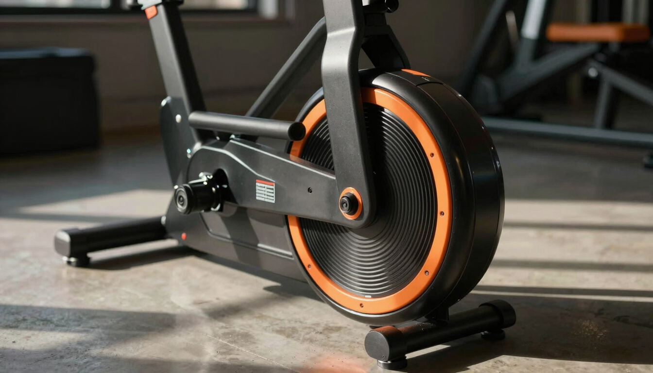 Tight close-up of a high-end indoor trainer flywheel with kinetic orange accents, dramatic side lighting casting long shadows on concrete floor.