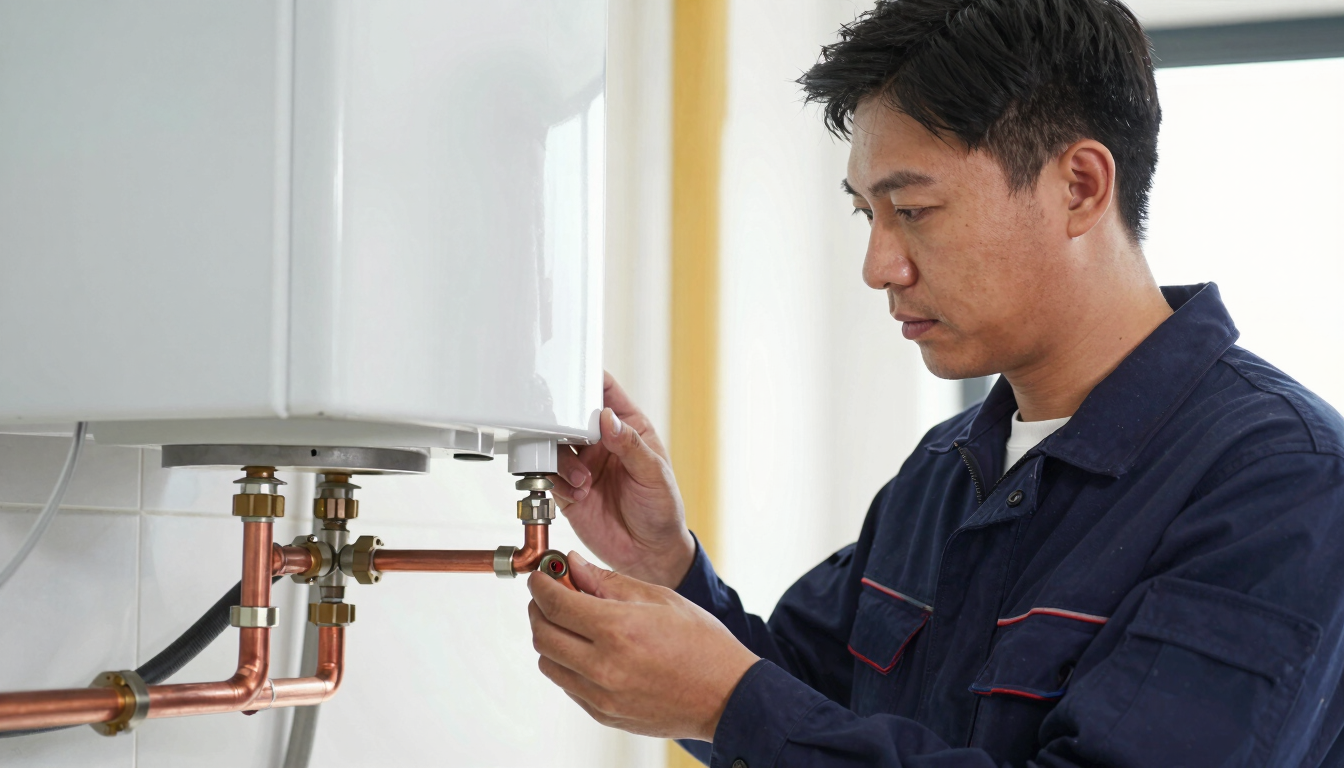 Close-up portrait of a professional engineer in a dark blue uniform carefully inspecting the copper pipe connections of a newly installed combi boiler, bright natural daylight, sharp focus on craftsmanship.