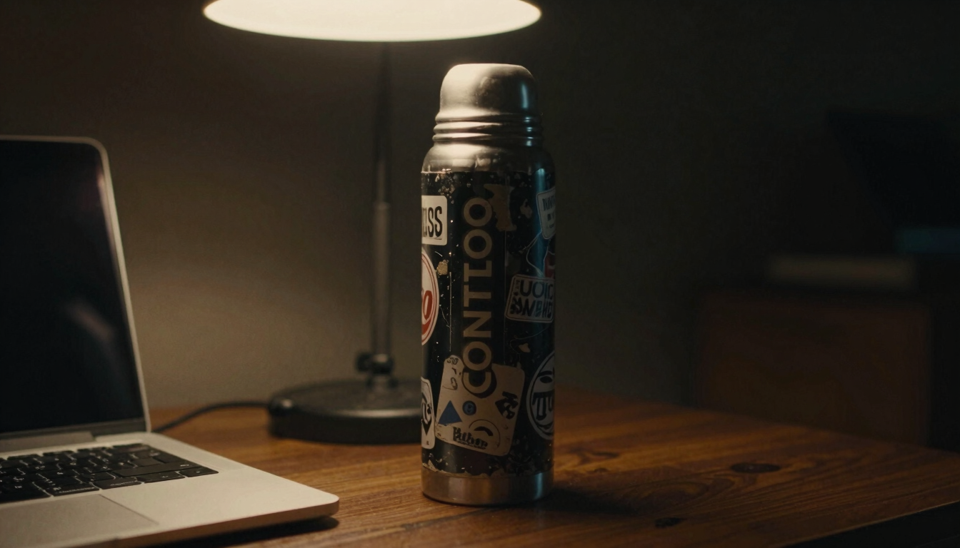Cinematic close-up portrait of a rugged black Contigo thermos covered in worn skate stickers, sitting on a dark wooden desk next to a laptop, warm overhead lighting, deep shadows, 35mm film grain
