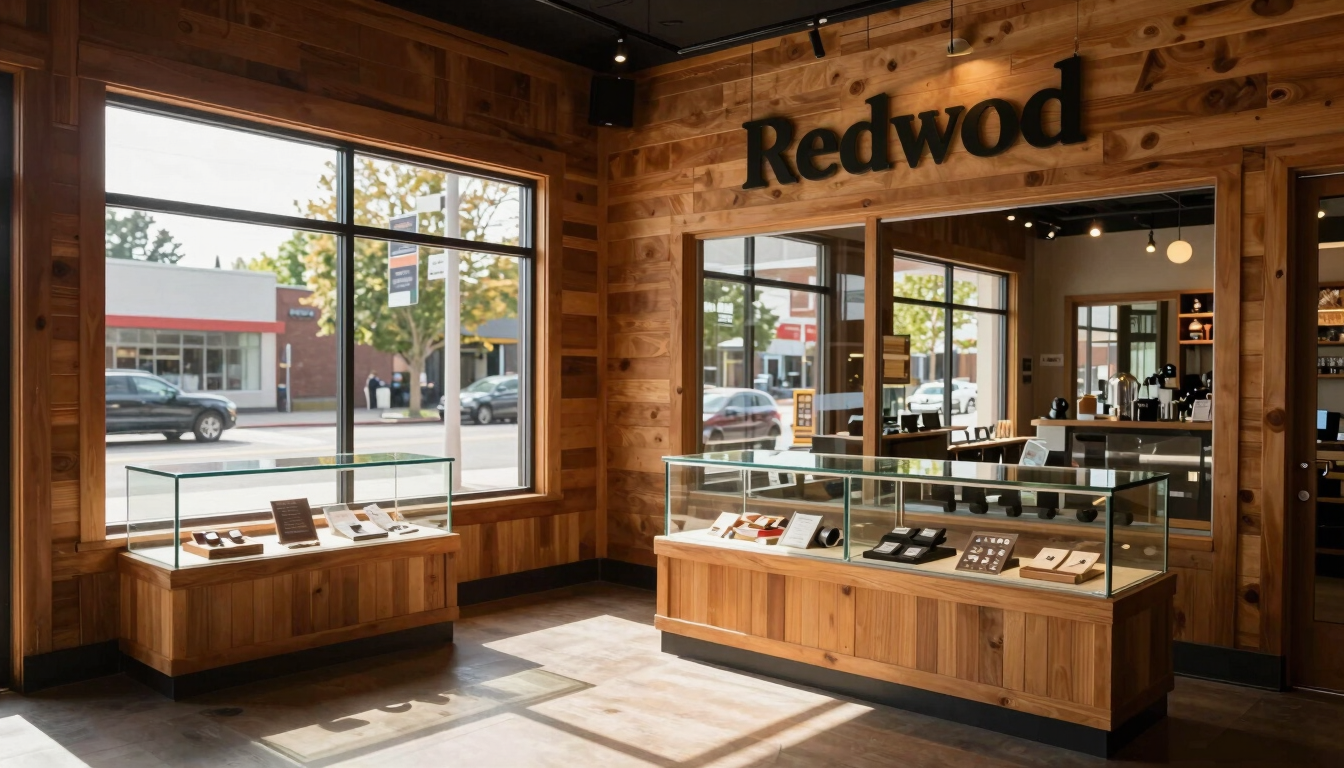 Wide environmental shot of the warm wood-paneled interior of the Redwood storefront on 16th St NE, soft natural daylight streaming through windows, clean glass display cases.