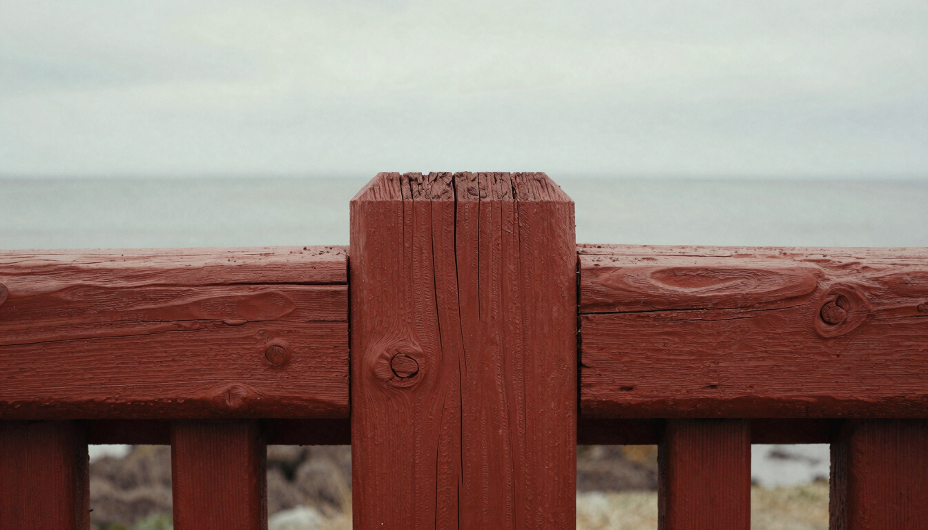 Close-up detail of historic weathered redwood timbers with traditional joinery, soft coastal overcast light, tactile 35mm grain.