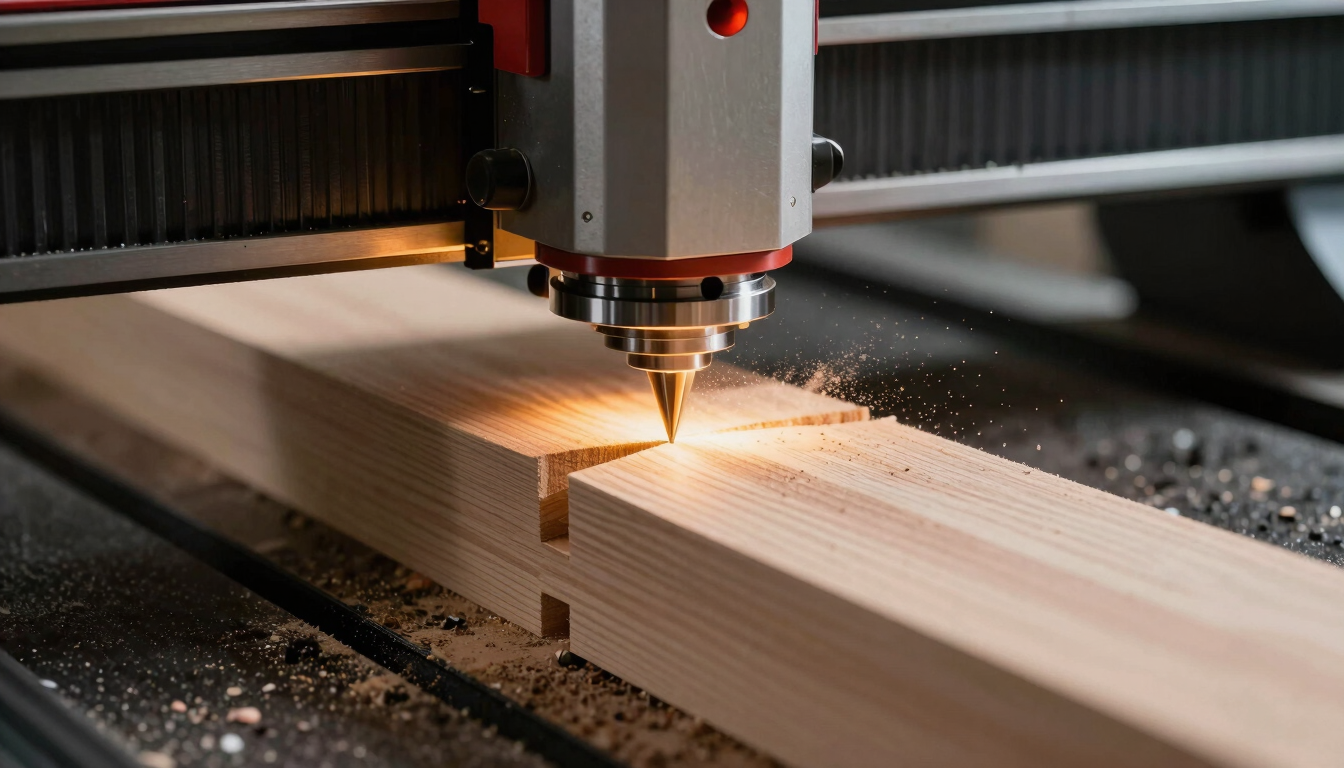 Extreme close-up of a high-end CNC router carving a precise structural joint out of heavy timber, wood dust illuminated by harsh amber work lights, shallow depth of field