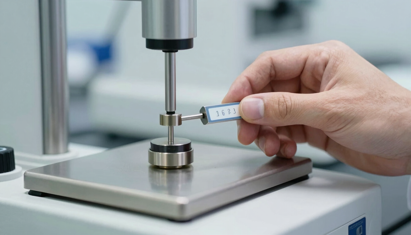 Close-up of a metrologist's hand adjusting a high-precision analytical balance with a calibration weight, clinical laboratory environment, sharp focus