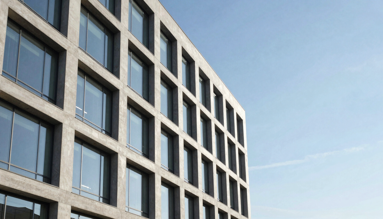 Crisp architectural lines of a modern concrete and glass corporate office building, sharp angles, bright natural daylight, negative space.