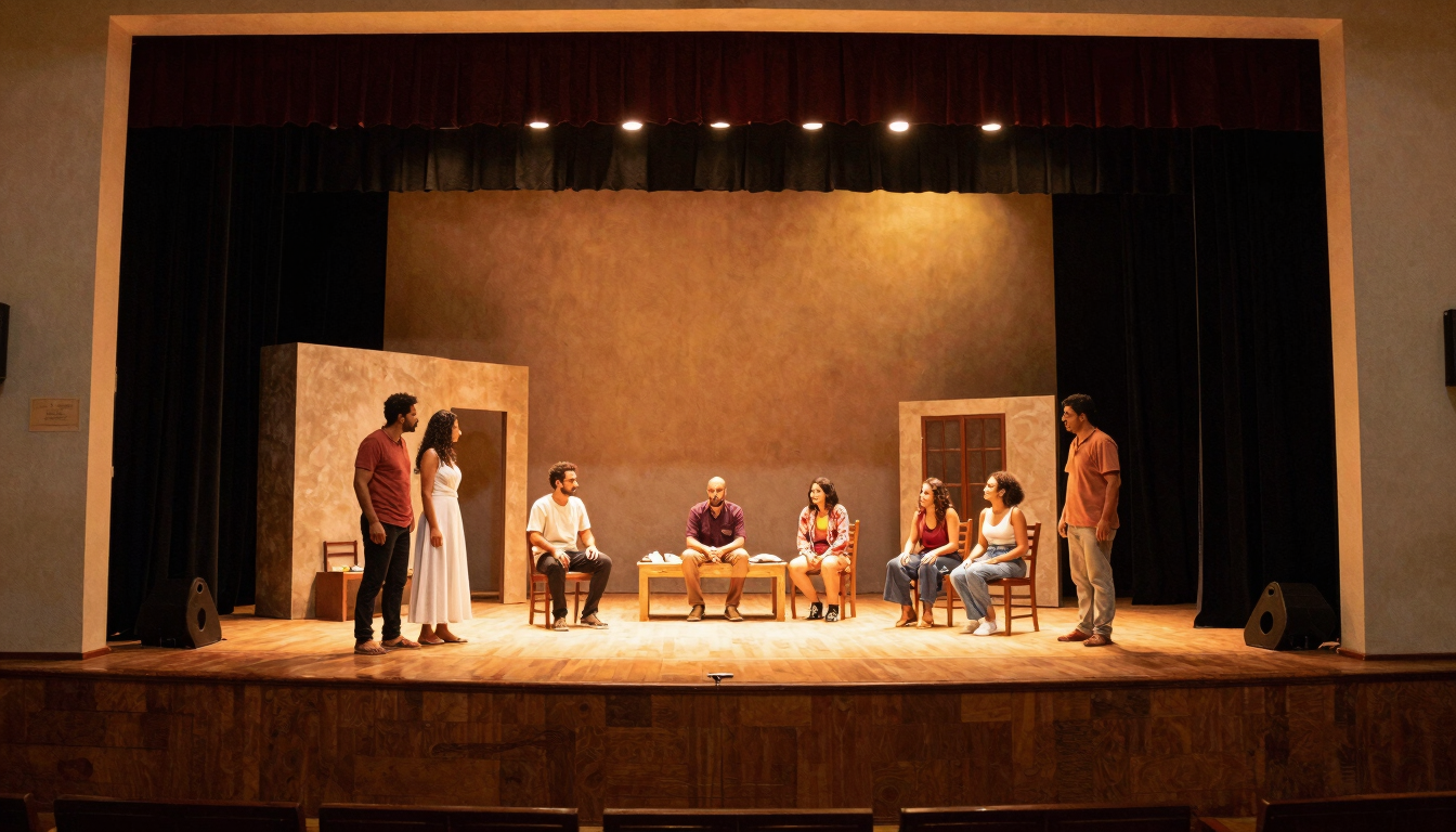 Warm editorial photography of a local theater stage in Três Lagoas, dramatic golden stage lighting, authentic actors rehearsing, 35mm film style.