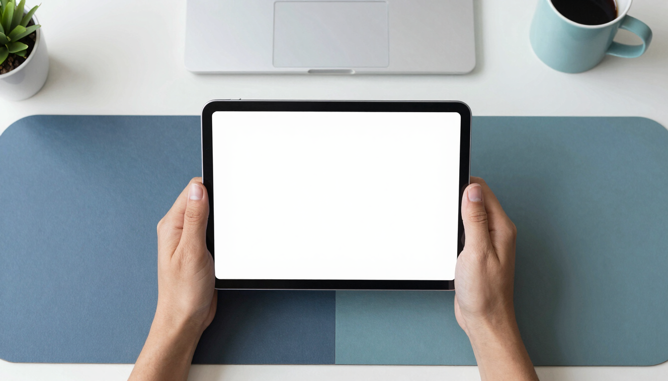 Clean overhead desk setup, hands using a tablet, bright natural daylight, soft navy and teal tones, sharp focus, modern minimalist workspace, 35mm