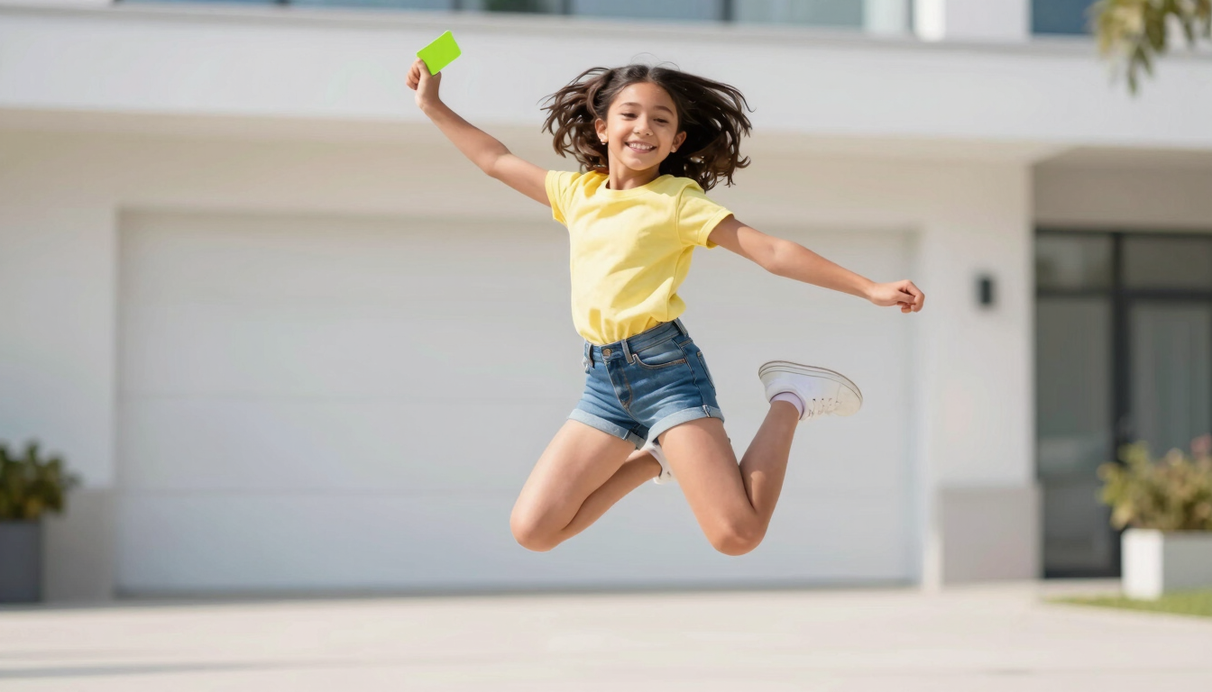 Action portrait of a preteen girl smiling mid-jump, holding a lime green card, bright natural daylight, shallow depth of field.