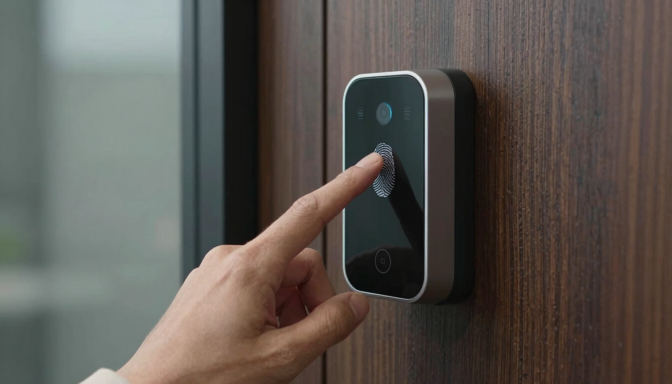 Close-up of a hand interacting with a sleek, minimalist wall-mounted biometric fingerprint scanner on a dark wood panel next to a glass door.
