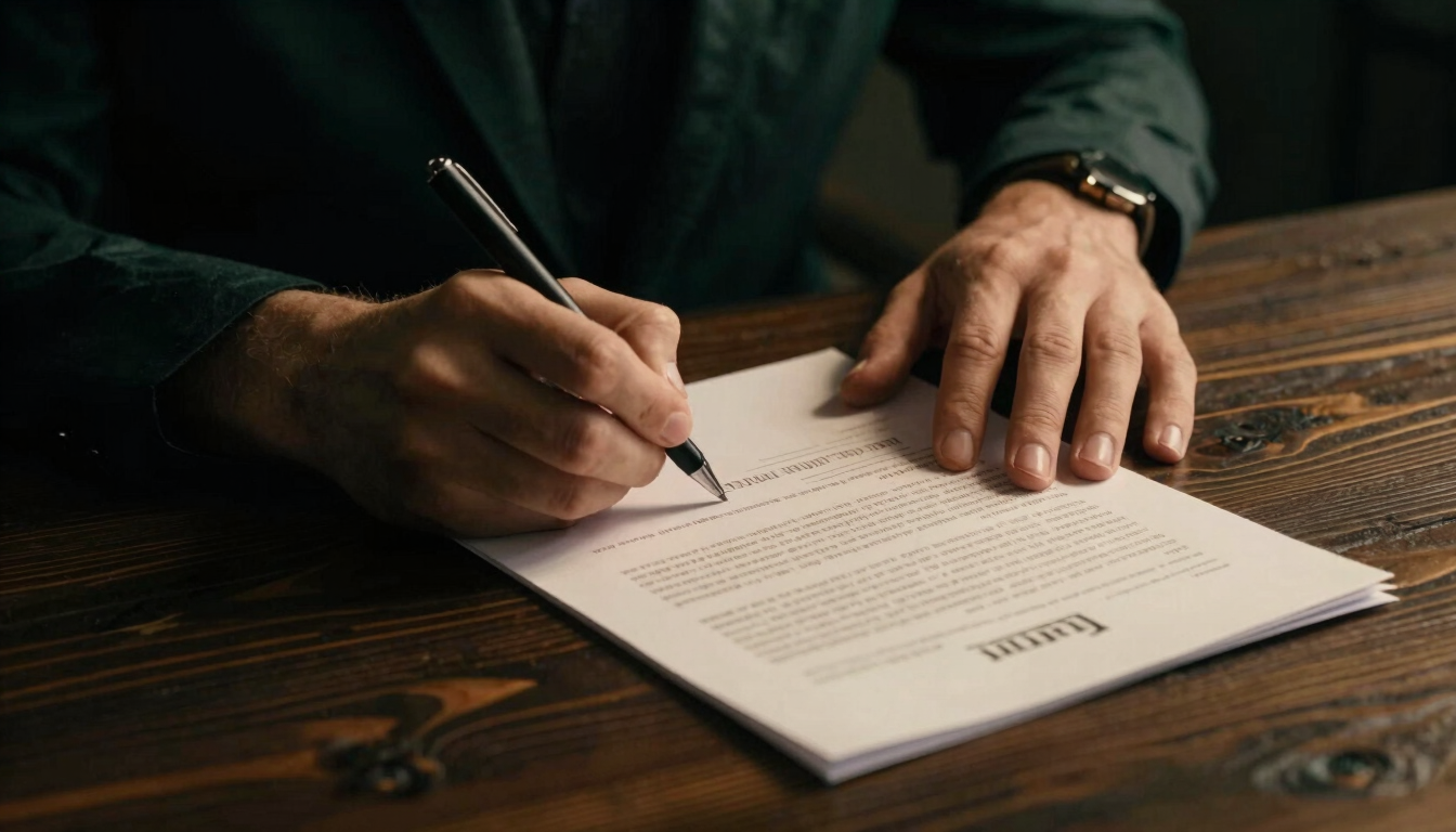 Close-up of hands signing legal land documents on a dark rustic wooden desk, moody low-key lighting, warm side-light