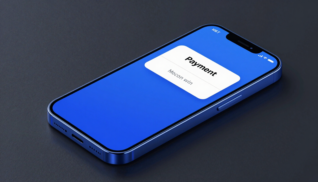 Sleek isometric mockup of a digital payment confirmation on a smartphone screen, crisp electric blue interface, cool studio lighting, dark slate background, high contrast