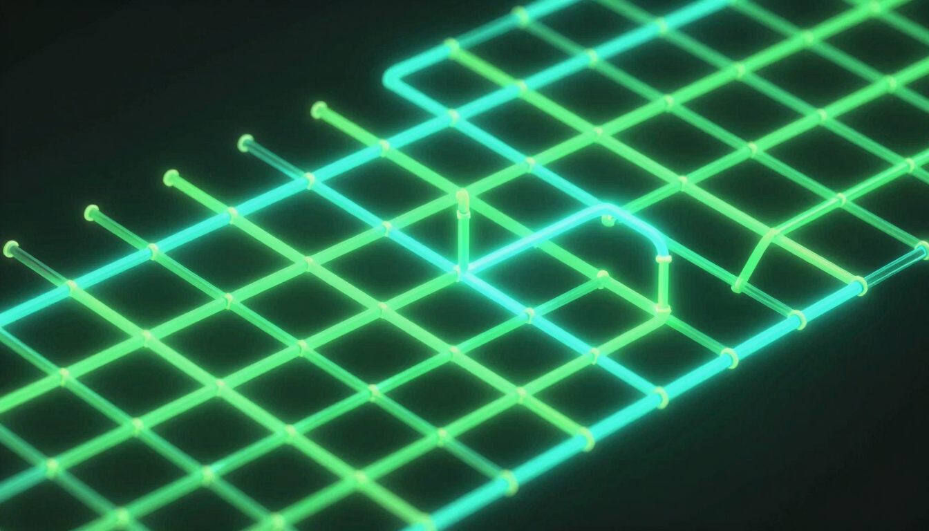 Abstract digital render of a glowing green and cyan pipeline grid, isometric wireframe structure, high contrast neon luminescence against deep shadow