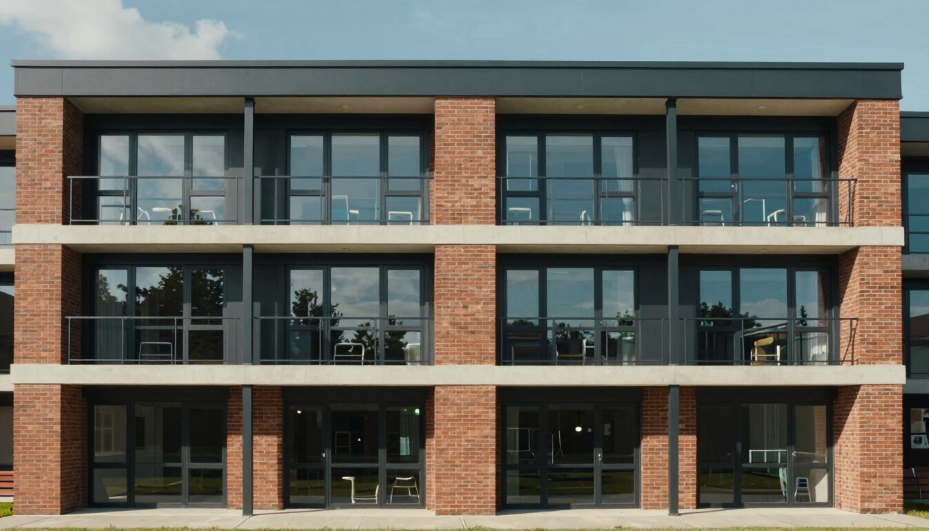 A straight-on architectural elevation of a modern four-story student hostel building with brick accents and large windows under bright midday sun