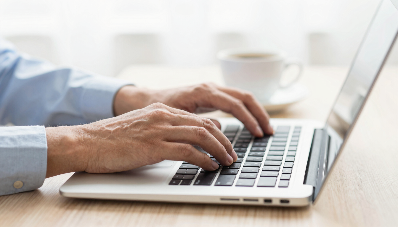Close-up of a professional's hands typing on a modern laptop next to a cup of coffee, bright natural daylight, clean workspace, shallow depth of field