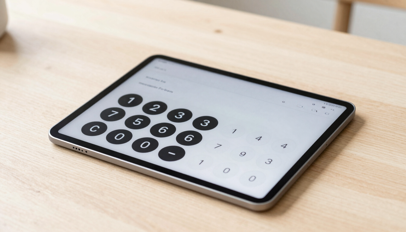 A clean high-key photograph of a modern tablet displaying a solar calculator interface on a bright wooden desk, soft natural daylight, minimalist composition, sharp focus, 35mm