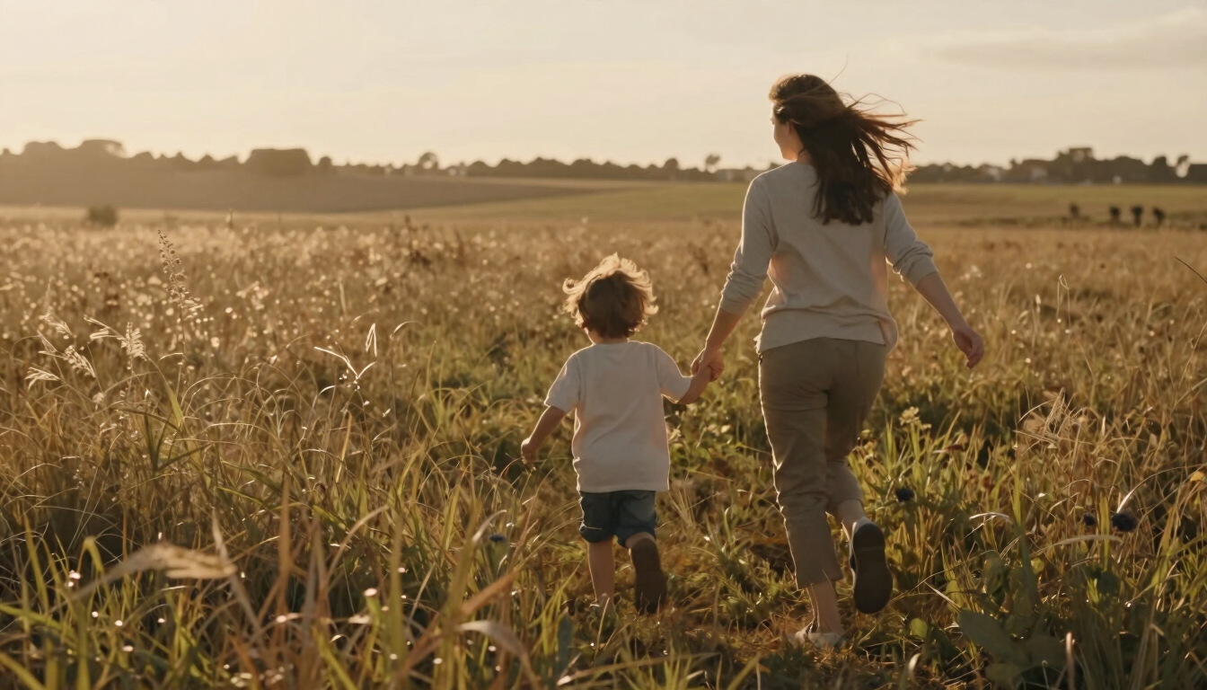 A mother and child running through a sun-drenched wild grass field, warm golden-hour backlighting, wind-blown hair, natural cinematic crop.