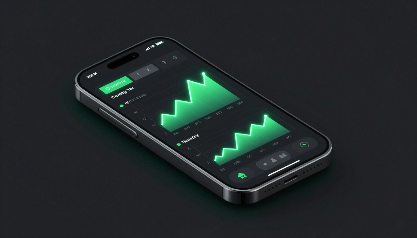 Sleek 3D digital render of an isometric smartphone displaying a clean retail trading app UI with neon-green charts, high-contrast digital glow
