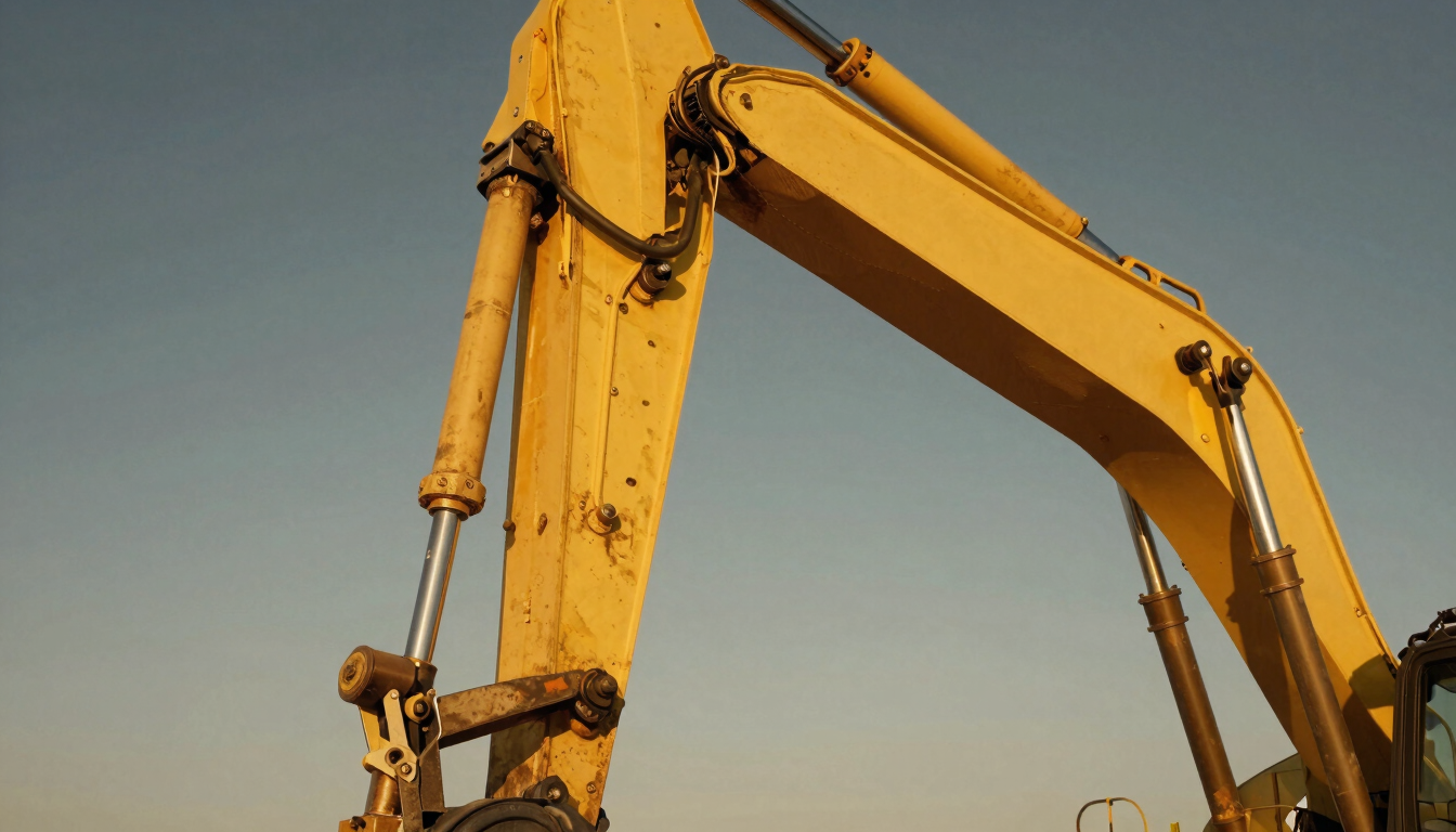 Close-up of a heavy machinery hydraulic arm, pristine yellow paint, metallic details catching sharp sunlight, industrial texture.