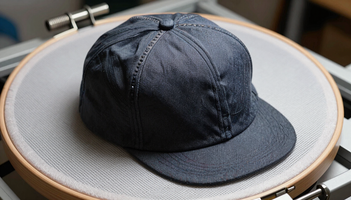High-contrast workshop side-light illuminating a structured Richardson cap secured in an industrial embroidery hoop, sharp details of mesh backing