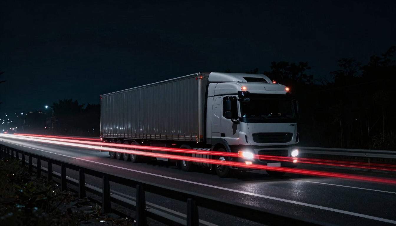 Cinematic night shot of a heavy logistics truck driving on a highway, long exposure red and white light trails, dark moody atmosphere