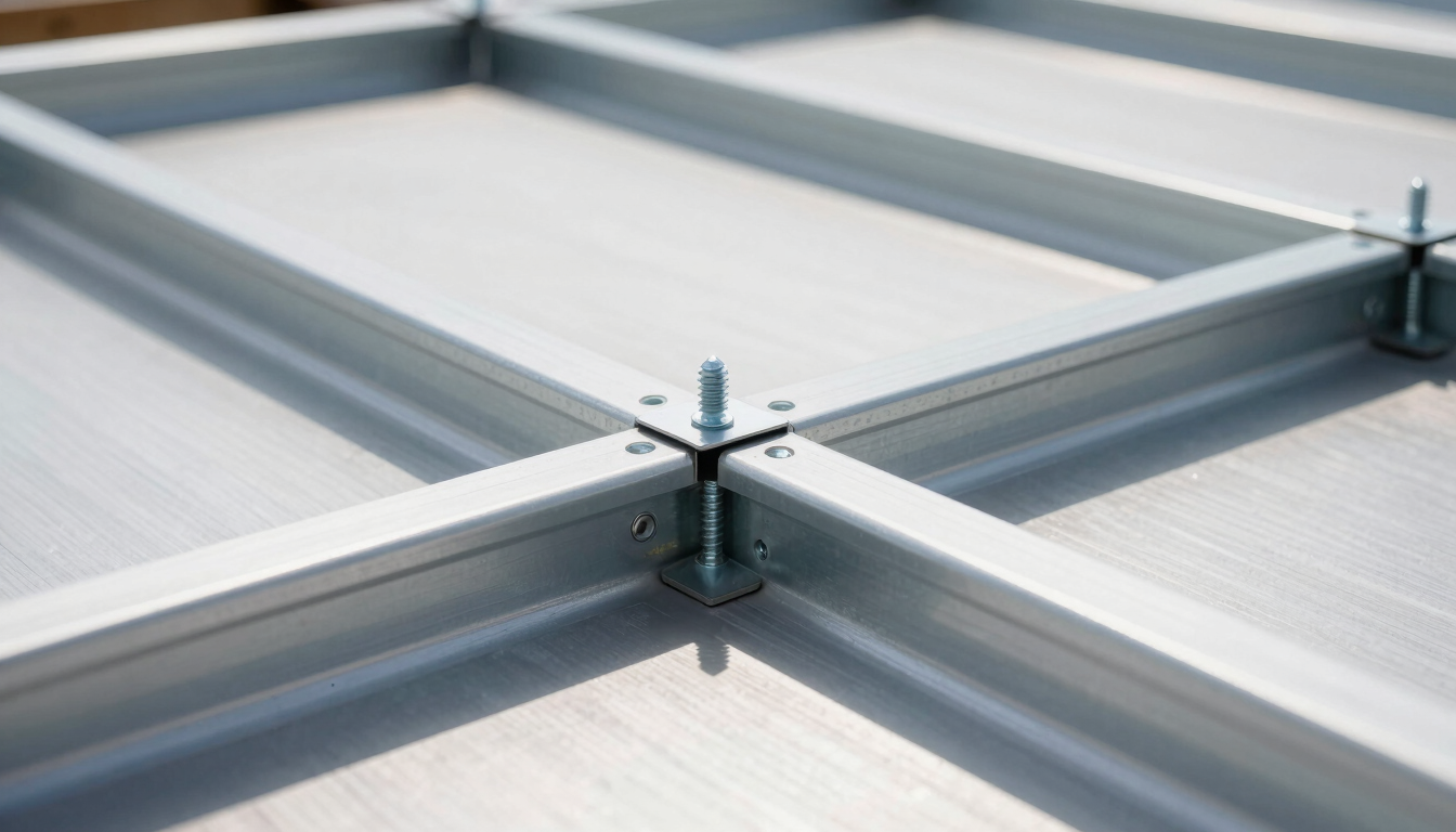 Close-up of clean, precise lightweight steel joints and screws on a modern roof construction, bright daylight, sharp focus on metallic textures.