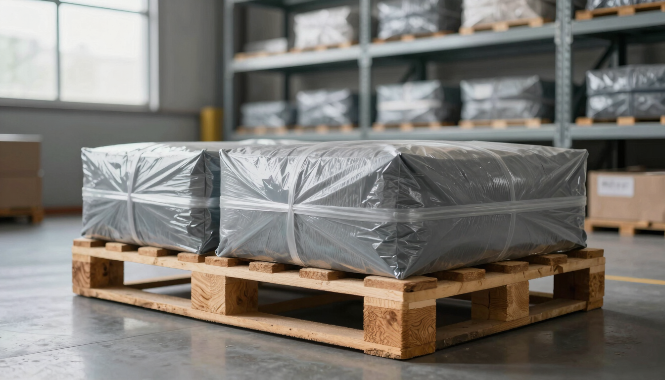 Close-up of high-quality industrial goods packaged on a clean wooden pallet inside a modern warehouse, natural light from high windows, organized slate-grey shelves in the background.