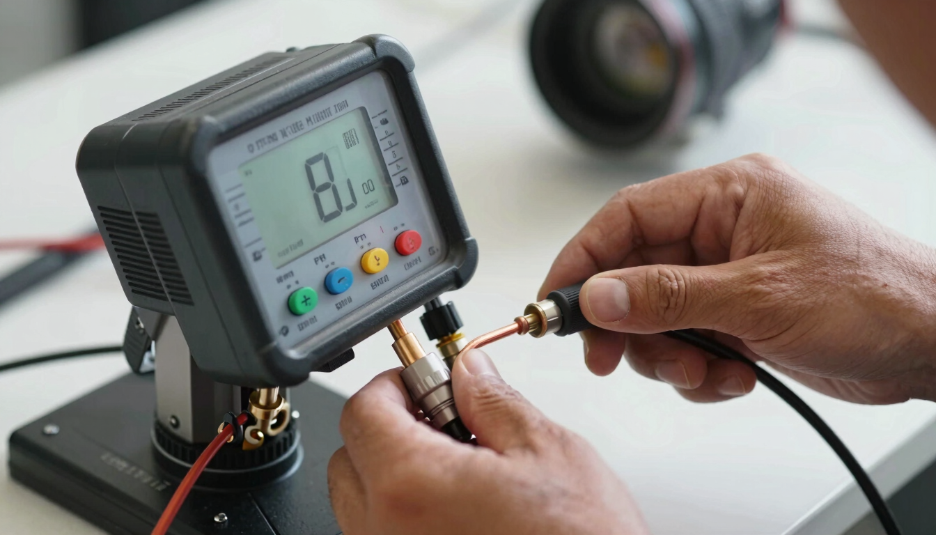 Close-up of a technician's hands in high-key Florida daylight, using a precise digital manifold gauge connected to copper AC lines, crisp focus on technical details.