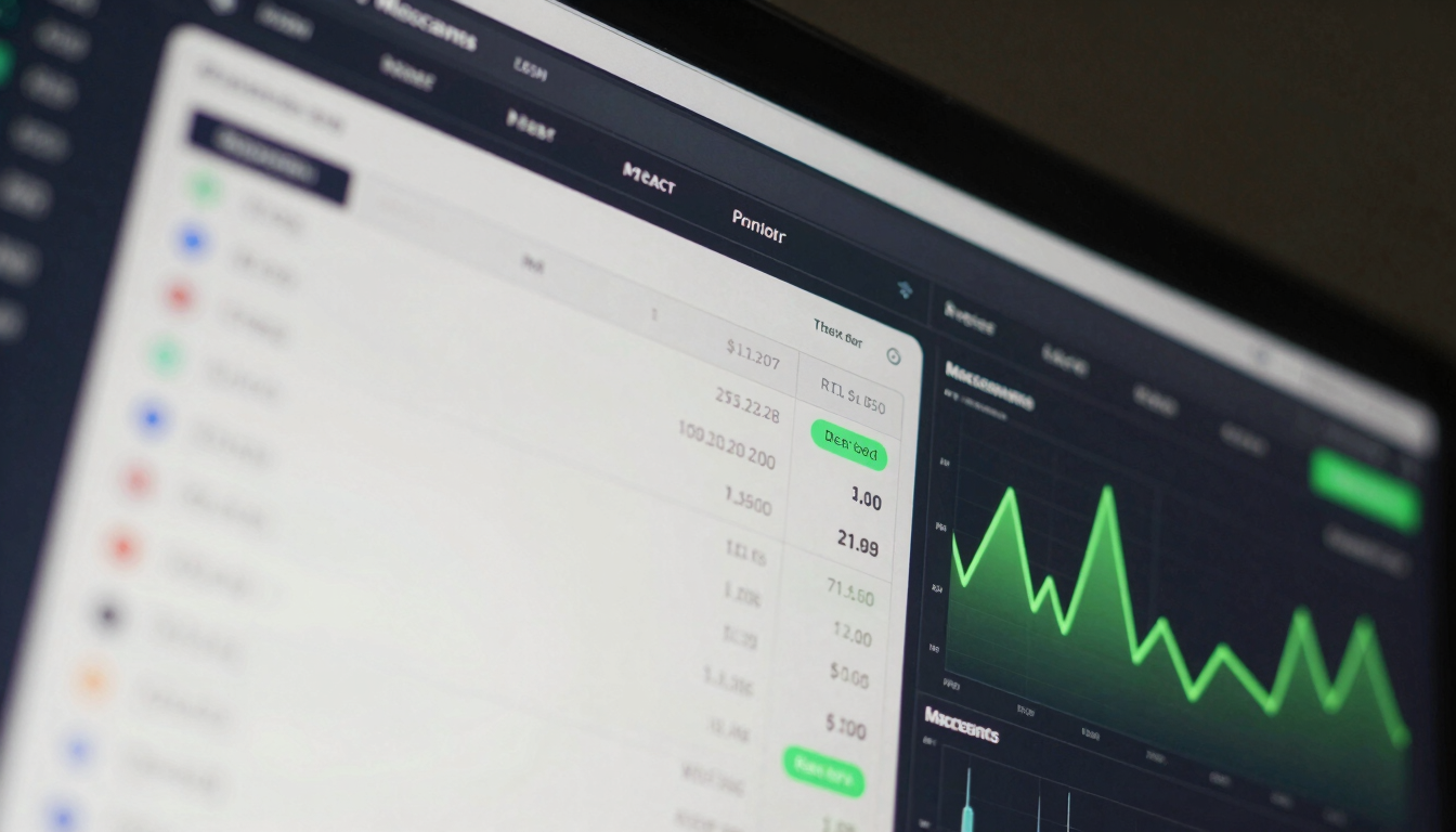 Macro shot of a high-fidelity merchant dashboard on a dark screen, showing real-time transaction flows, neon green liquidity charts, and clean geometric UI elements.