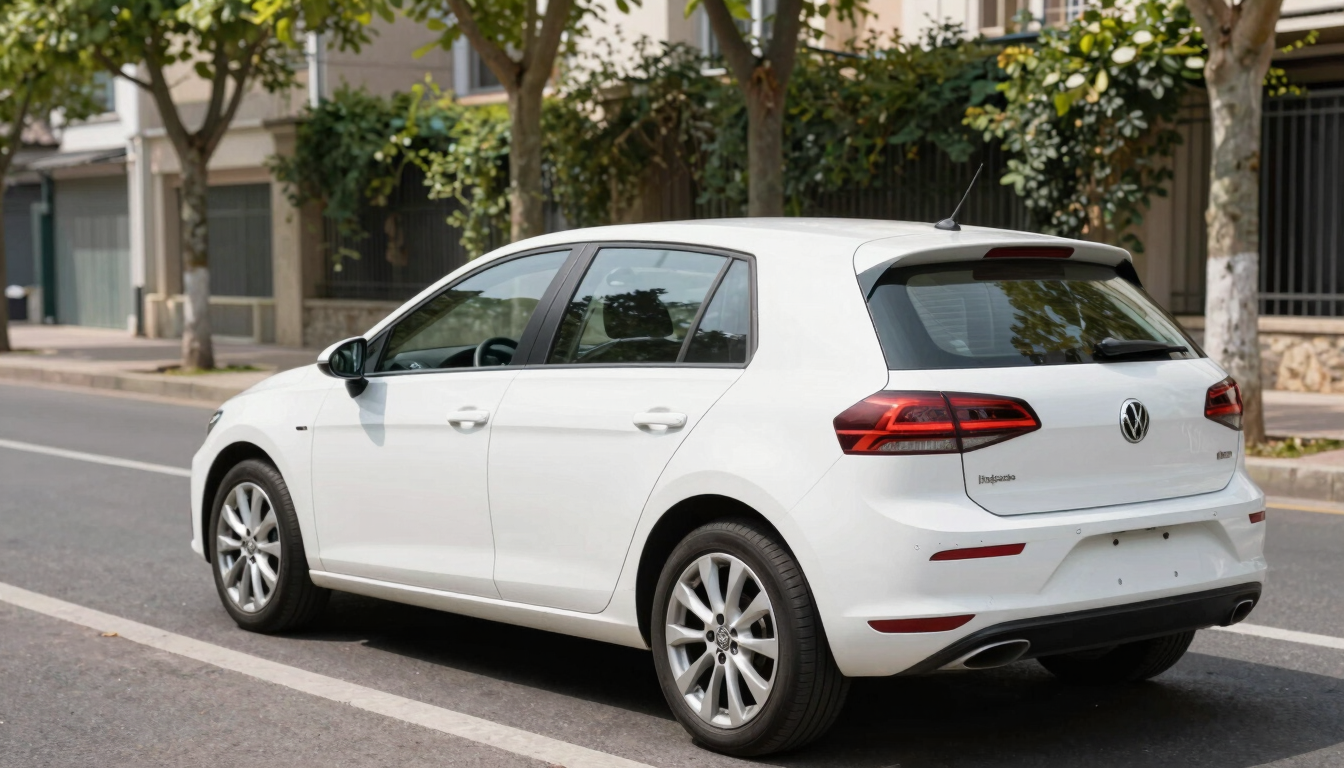 A clean modern hatchback parked on a quiet tree-lined street in France, bright natural daylight, crisp details, 35mm