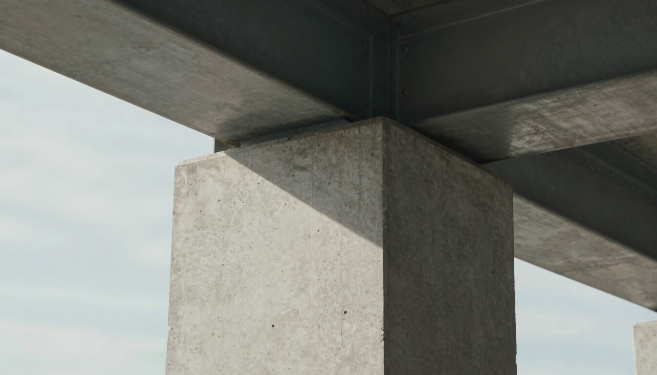 Close-up of a flawless concrete column joint meeting a steel beam, minimalist architectural detail, bright natural daylight emphasizing texture, straight-on framing