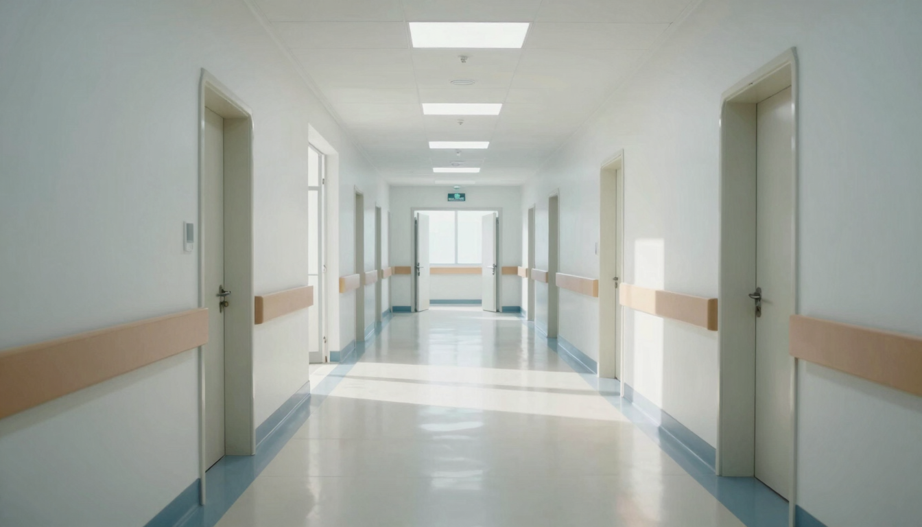 Symmetrical, wide shot of a sterile, polished medical clinic corridor, bright natural light, clean lines, reflecting absolute order and professional sanitation.
