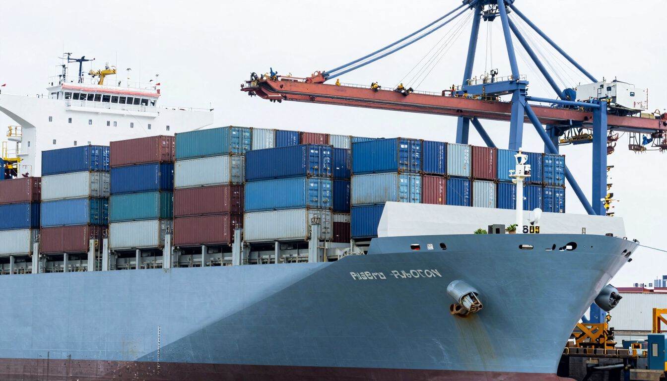 A modern cargo ship loaded with containers at a port terminal under bright clinical white light, clean industrial photography, cool blue tones, sharp focus, 50mm lens