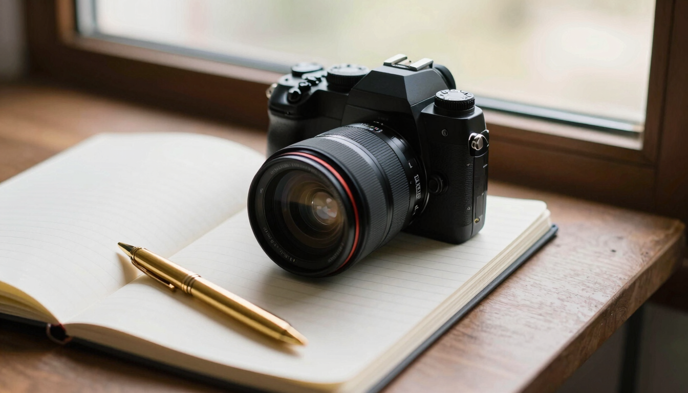 A sleek camera setup on an overhead desk with a notebook and gold pen, warm natural window light, shallow depth of field, 35mm