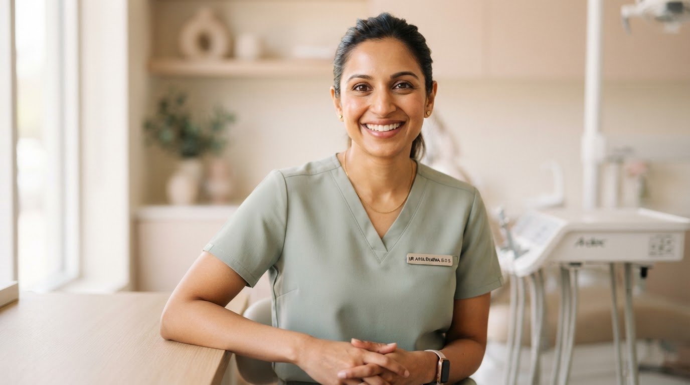 Professional portrait of a female dentist, warm friendly smile, soft natural studio lighting, neutral clean background, elegant pastel tones
