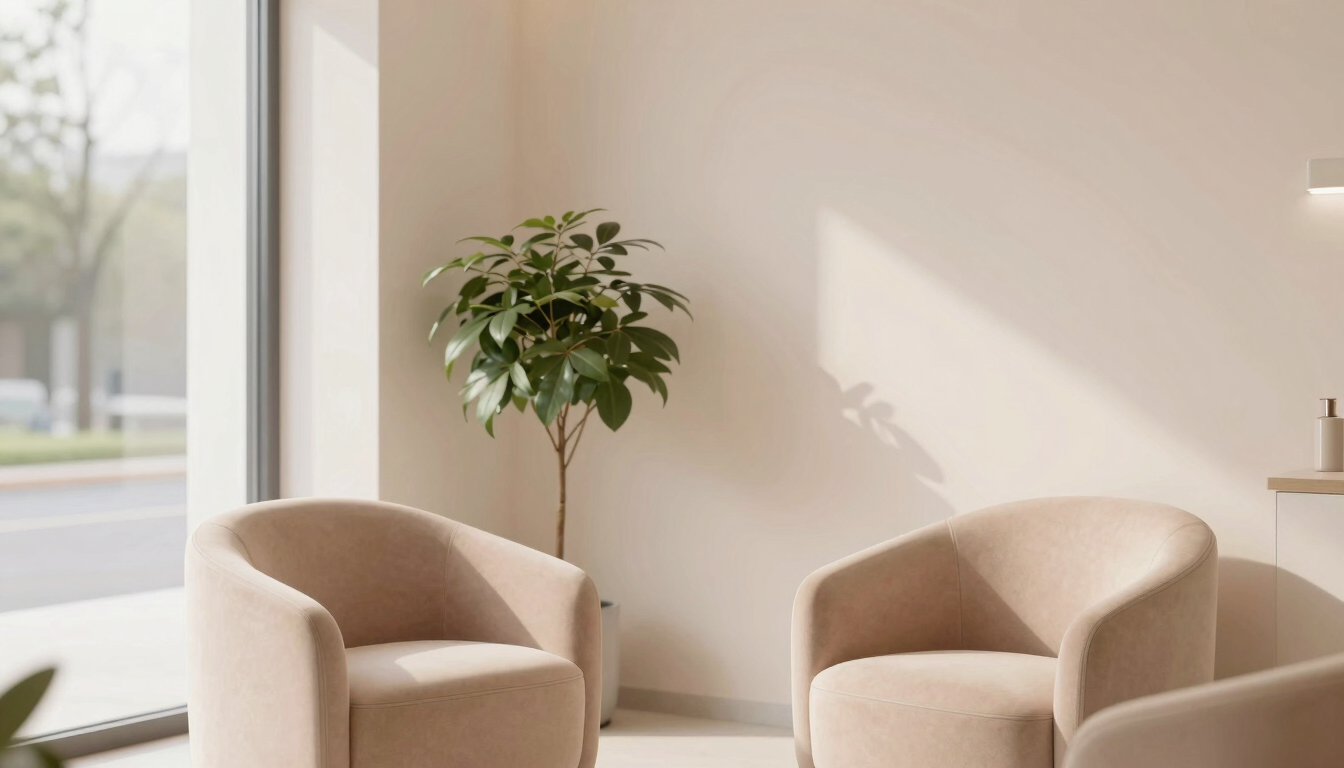 Minimalist boutique dental clinic interior, soft natural light, warm pastel tones, elegant clean design, comfortable modern armchair, indoor plant