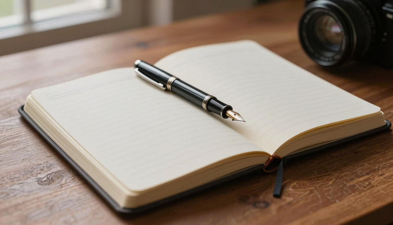Tactile close-up of an open paper notebook with a fountain pen on a textured wooden desk, soft natural light filtering from a window, warm terracotta undertones.