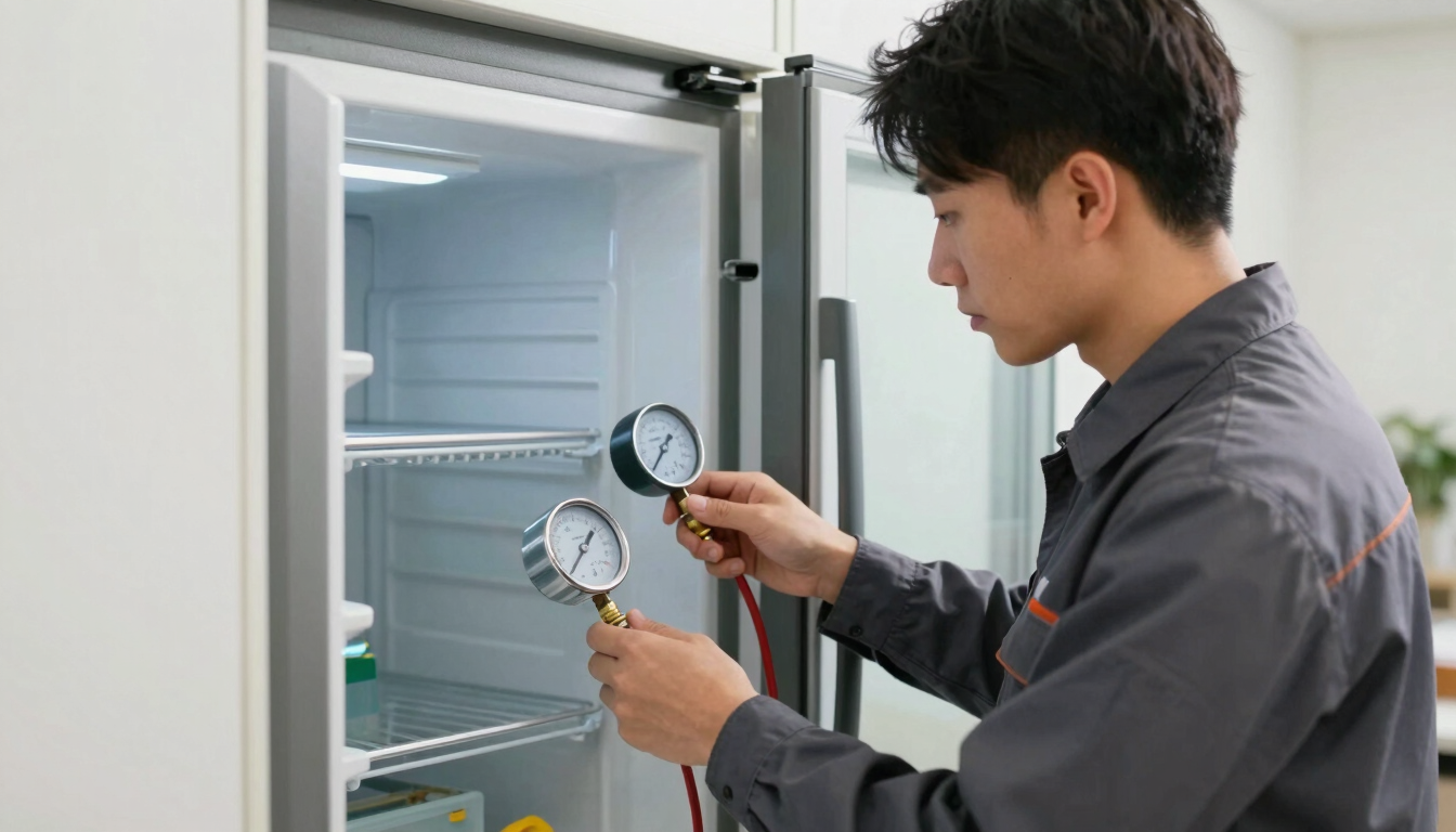 Straight-on medium shot of a certified technician in a dark grey uniform checking a digital manifold gauge connected to a modern built-in refrigerator, neutral daylight