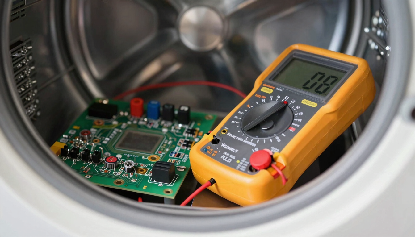 Macro shot of a digital multimeter testing electrical continuity on a clean circuit board inside a modern dryer, sharp task lighting, technical focus.