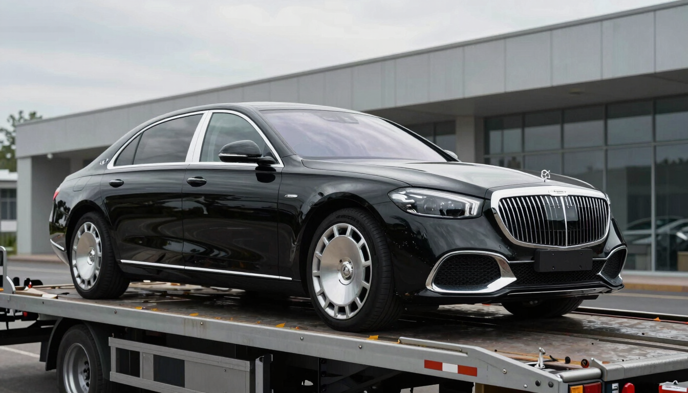 A premium German luxury sedan secured on a professional transport carrier, clean architectural background, cool overcast daylight, right bleed.