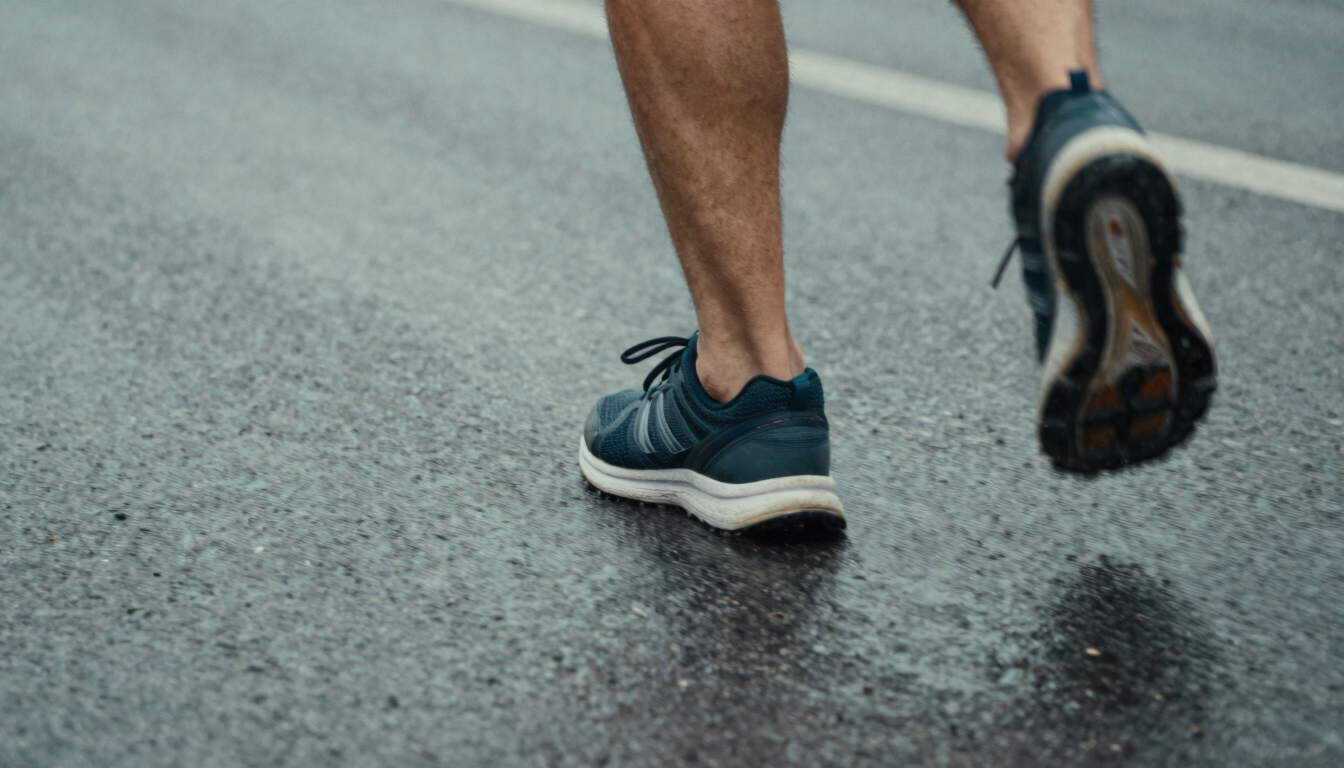 Close-up of running shoes on wet asphalt with dynamic motion blur, overcast northern daylight, cool desaturated tones, 35mm film style