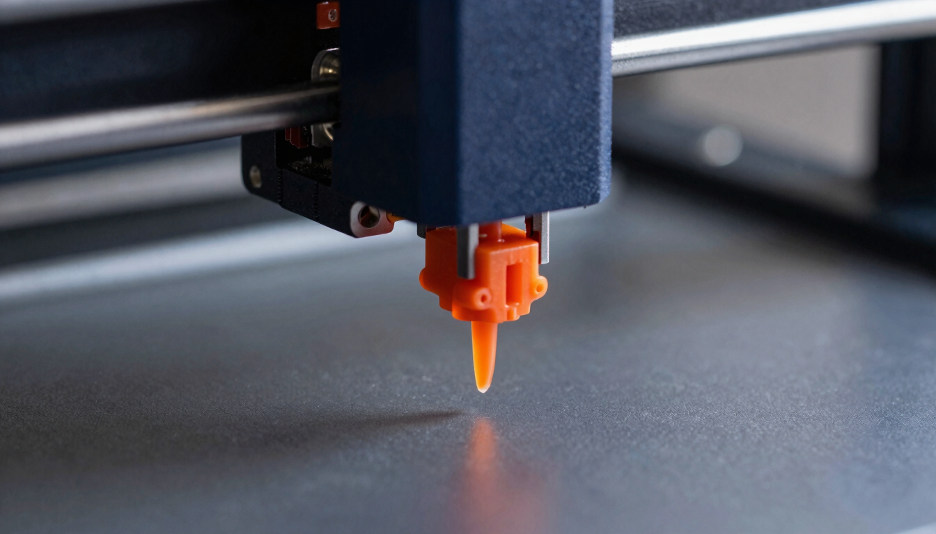 Macro shot of a 3D printer nozzle extruding safety-orange resin, sharp shadows, high-contrast technical lighting.