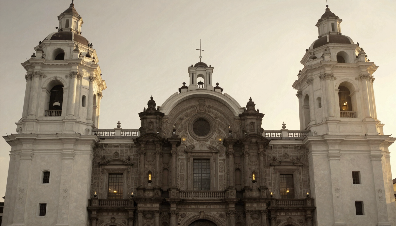 Historical black and white photograph of a majestic colonial cathedral in Lima, soft golden sunlight filtering through old windows, classical architectural details, atmospheric and solemn